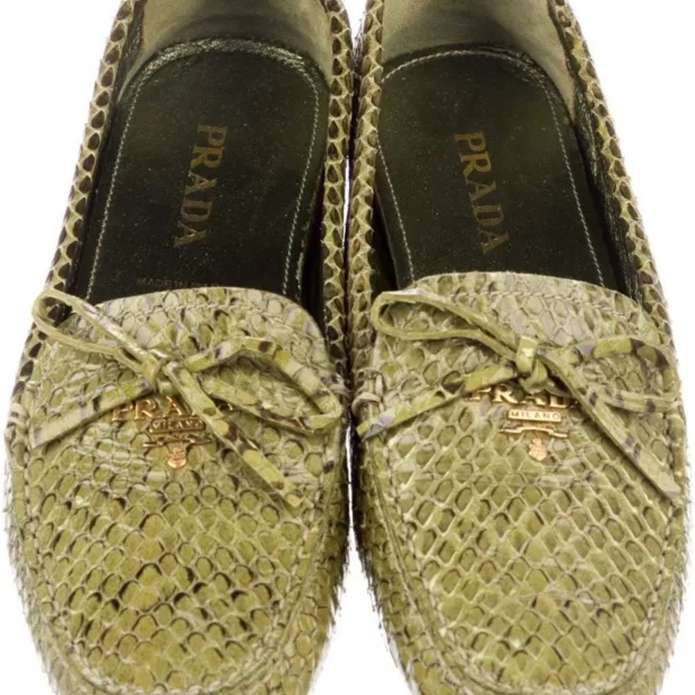 Prada Snakeskin Leather Driving Loafers Bow Green Women Shoes 39.5 Italy